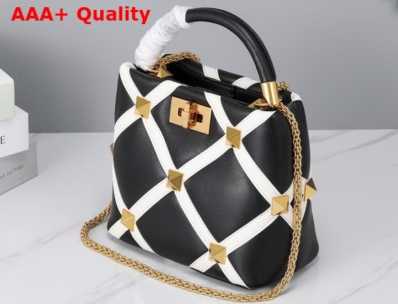 Valentino Small Roman Stud The Handle Bag in Nappa with Grid Detailing Black and Ivory Replica