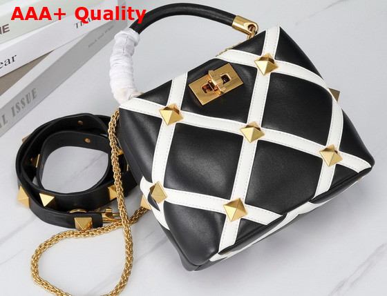 Valentino Small Roman Stud The Handle Bag in Nappa with Grid Detailing Black and Ivory Replica