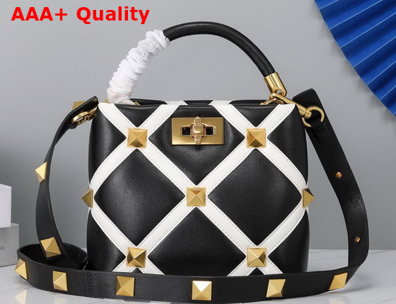 Valentino Small Roman Stud The Handle Bag in Nappa with Grid Detailing Black and Ivory Replica