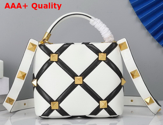 Valentino Small Roman Stud The Handle Bag in Nappa with Grid Detailing Ivory and Black Replica