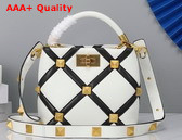 Valentino Small Roman Stud The Handle Bag in Nappa with Grid Detailing Ivory and Black Replica