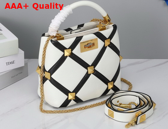 Valentino Small Roman Stud The Handle Bag in Nappa with Grid Detailing Ivory and Black Replica