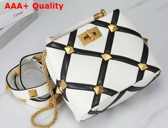 Valentino Small Roman Stud The Handle Bag in Nappa with Grid Detailing Ivory and Black Replica