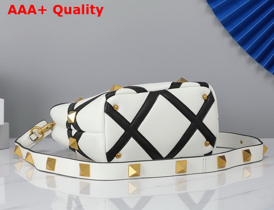 Valentino Small Roman Stud The Handle Bag in Nappa with Grid Detailing Ivory and Black Replica