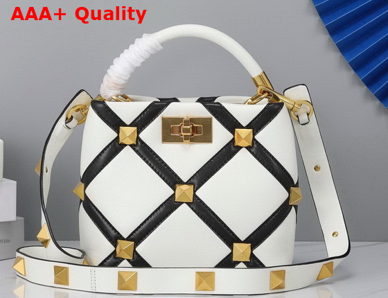 Valentino Small Roman Stud The Handle Bag in Nappa with Grid Detailing Ivory and Black Replica