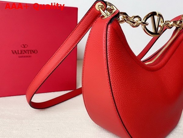 Valentino Small Vlogo Moon Hobo Bag in Red Grainy Calfskin with Chain Replica