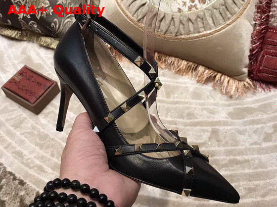 Valentino Studwrap Pump in Black Goatskin Leather with Stud Detailed Strap Replica