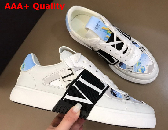 Valentino VL7N Sneaker in Blue Multicolor Printed Calfskin Leather with Black Bands Replica