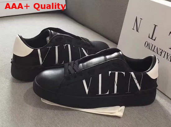 Valentino VLTN Open Sneaker in Black Calfskin with White VLTN Logo Print Replica