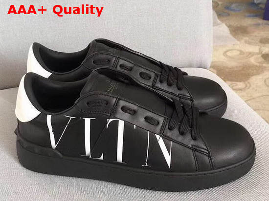 Valentino VLTN Open Sneaker in Black Calfskin with White VLTN Logo Print Replica