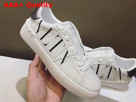 Valentino VLTN Open Sneaker in White Calfskin Black VLTN Logo Print Replica