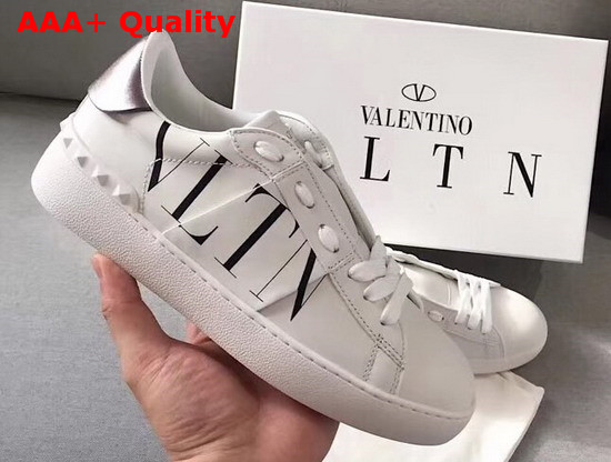 Valentino VLTN Open Sneaker in White Calfskin with Black VLTN Logo Print Replica