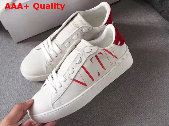 Valentino VLTN Open Sneaker in White Calfskin with Red VLTN Logo Print Replica