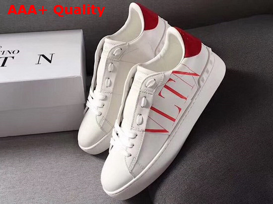 Valentino VLTN Open Sneaker in White Calfskin with Red VLTN Logo Print Replica