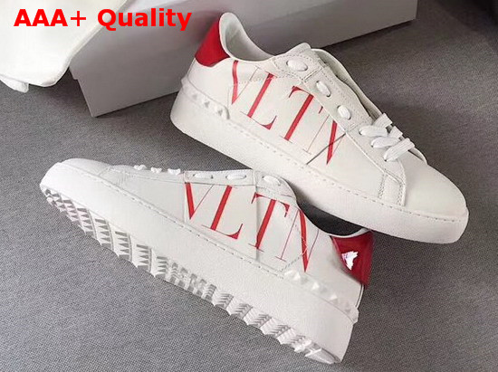 Valentino VLTN Open Sneaker in White Calfskin with Red VLTN Logo Print Replica