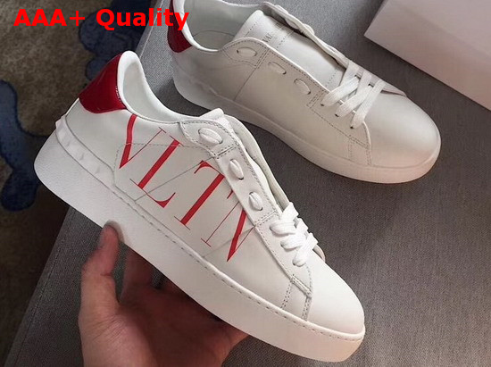 Valentino VLTN Open Sneaker in White Calfskin with Red VLTN Logo Print Replica