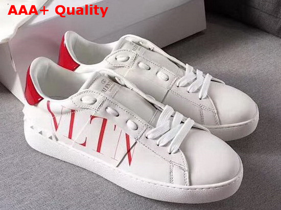 Valentino VLTN Open Sneaker in White Calfskin with Red VLTN Logo Print Replica