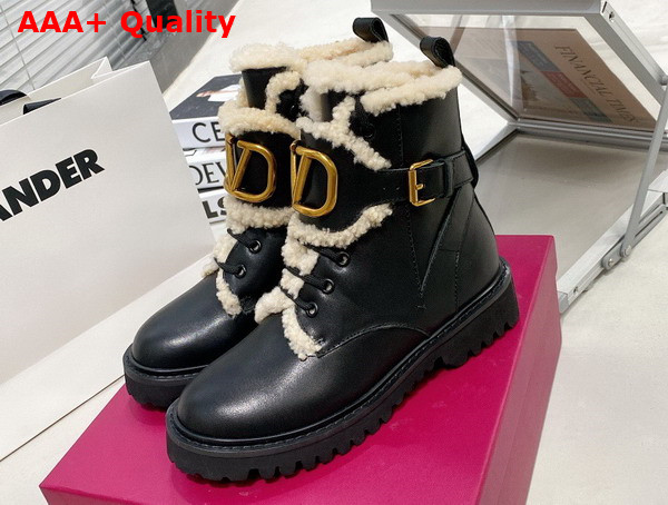 Valentino Vlogo Signature Calfskin Combat Boot in Black with Shearling Replica