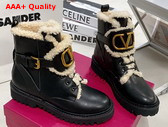 Valentino Vlogo Signature Calfskin Combat Boot in Black with Shearling Replica