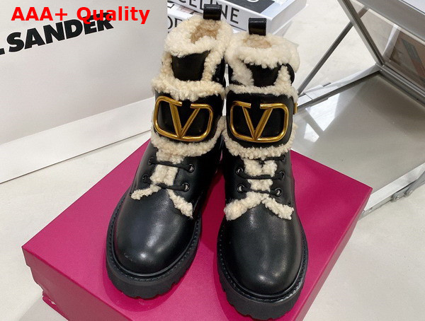 Valentino Vlogo Signature Calfskin Combat Boot in Black with Shearling Replica