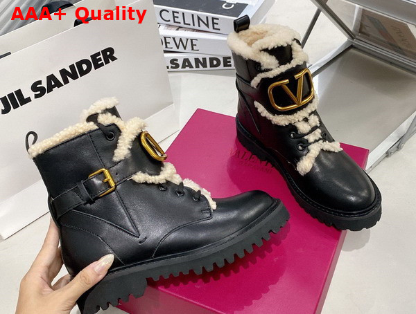 Valentino Vlogo Signature Calfskin Combat Boot in Black with Shearling Replica