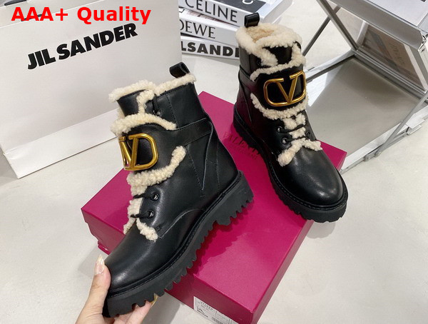 Valentino Vlogo Signature Calfskin Combat Boot in Black with Shearling Replica