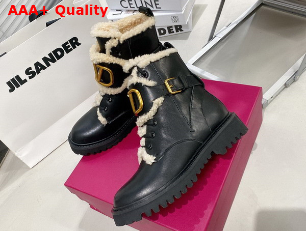 Valentino Vlogo Signature Calfskin Combat Boot in Black with Shearling Replica