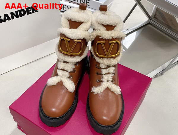 Valentino Vlogo Signature Calfskin Combat Boot in Brown with Shearling Replica