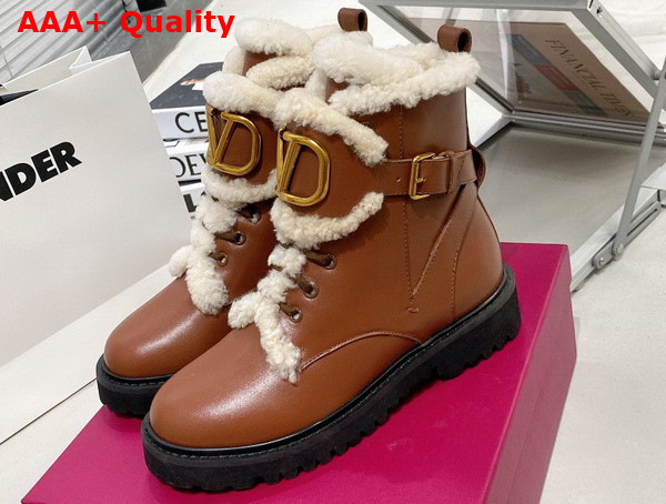 Valentino Vlogo Signature Calfskin Combat Boot in Brown with Shearling Replica