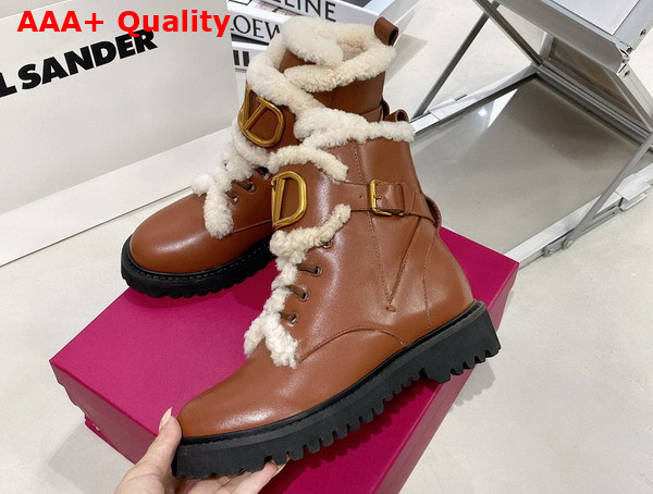 Valentino Vlogo Signature Calfskin Combat Boot in Brown with Shearling Replica