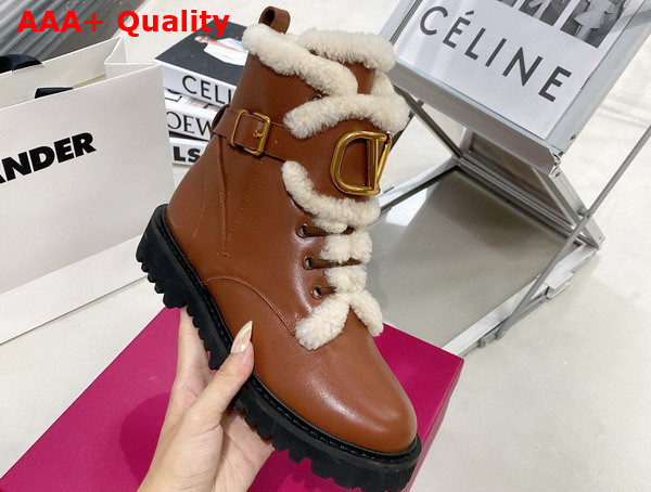 Valentino Vlogo Signature Calfskin Combat Boot in Brown with Shearling Replica