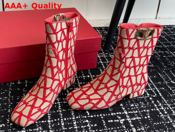 Valentino Vlogo Type Ankle Boot in Toile Iconographe 30mm Beige and Red Replica