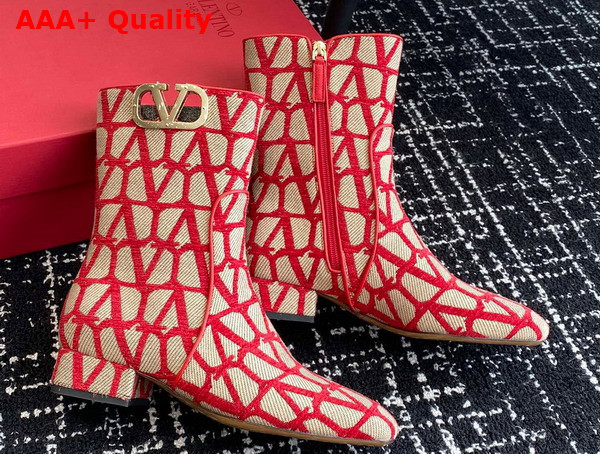 Valentino Vlogo Type Ankle Boot in Toile Iconographe 30mm Beige and Red Replica