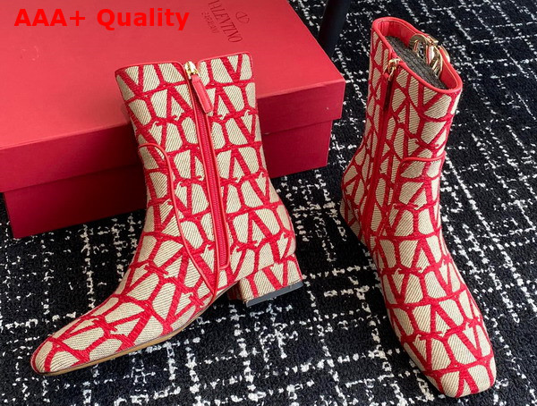 Valentino Vlogo Type Ankle Boot in Toile Iconographe 30mm Beige and Red Replica