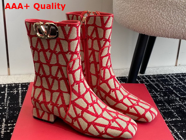 Valentino Vlogo Type Ankle Boot in Toile Iconographe 30mm Beige and Red Replica