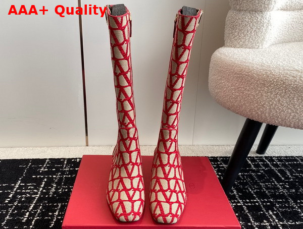 Valentino Vlogo Type Boot in Toile Iconographe 30mm Beige and Red Replica