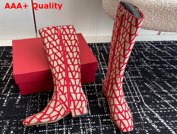 Valentino Vlogo Type Boot in Toile Iconographe 30mm Beige and Red Replica