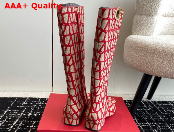 Valentino Vlogo Type Boot in Toile Iconographe 30mm Beige and Red Replica